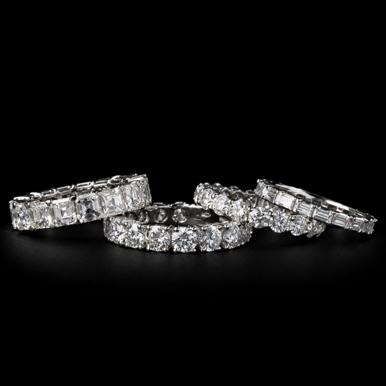 Eternity wedding rings with diamonds in various cuts